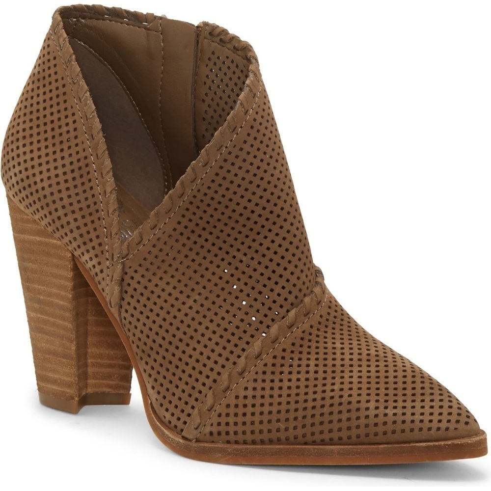 Vince Camuto Lamorna Perforated Pointy Toe Bootie Stacked Heel Chestnut New Sz 9